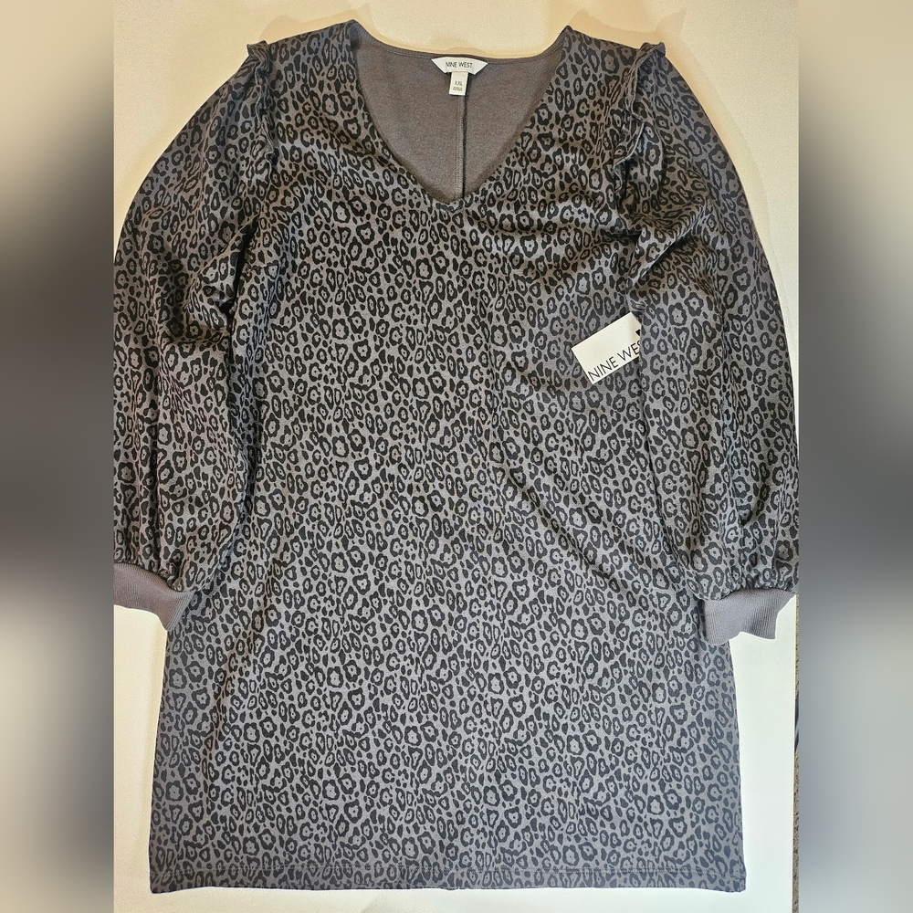 Nine West Cheetah Print Shirt Dress Womens XXL Black Ruffle Cocktail Party Ready